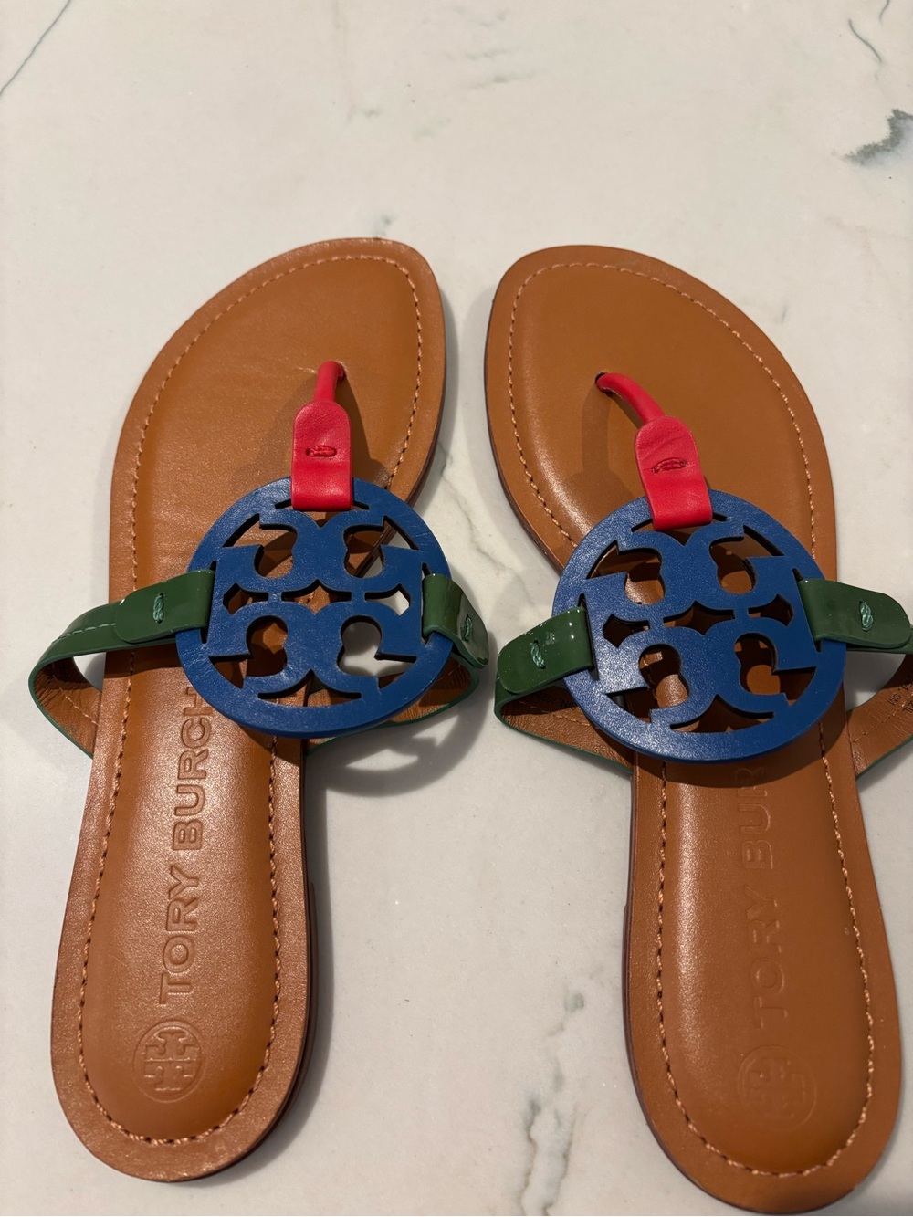 Tory Burch Brown Leather Sandals with Blue Logo, Green Straps & Red Accents